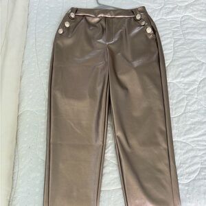 Faux Leather High-Waist Pants with Decorative Buttons - Taupe